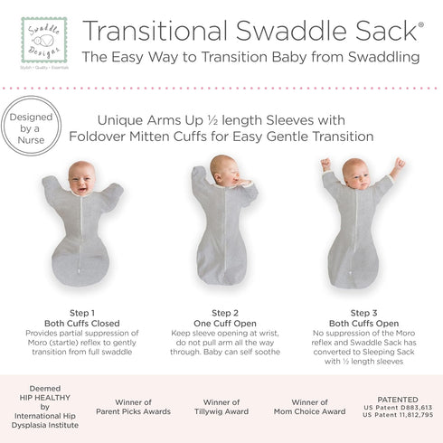 SwaddleDesigns Transitional Swaddle Sack with Arms Up, Heathered Gray with Stripe Trim, Small