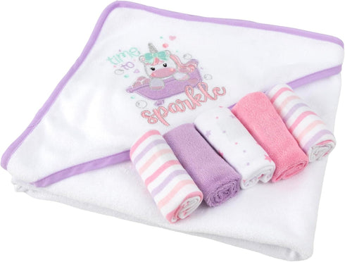Set 6-12 Baby Hooded Bath Towel and Washcloth for Infant Girls Months (Little Sprinkle Magical Unicorn)