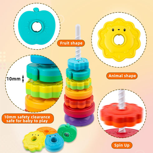 Spinning Stacking Toys for Babies 12+ Months, Rainbow Ring Flowers Animals Fruits Theme Stacker for Toddlers