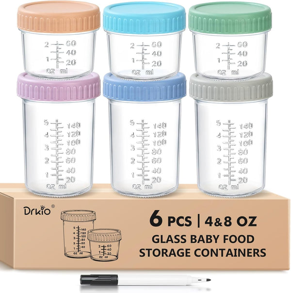 DRKIO 6 Pack Glass Baby Food Storage Containers - 4 & 8