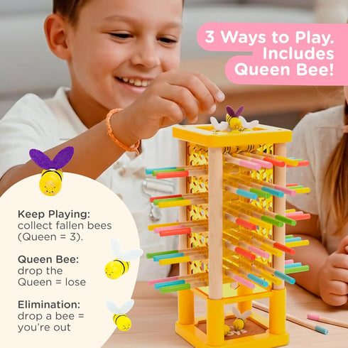 3+ 4-in-1 Nene Toys BeeFall Wooden Tower Game for Kids Stick Drop Bee Game with Dice & Action Cards, Rainbow Sticks