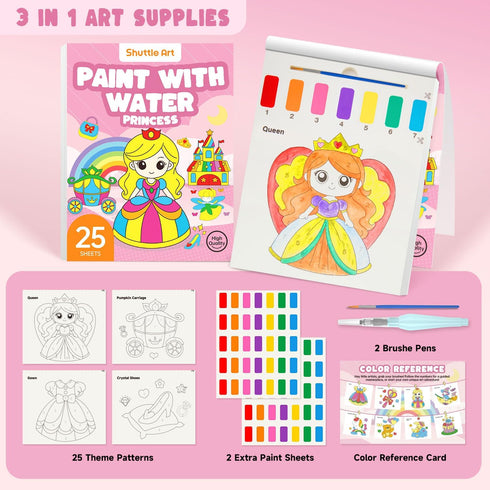 25 2 Set, Shuttle Art Paint with Water Coloring Book for Kids, Princess Themed Pages with Brushes, Mess-Free Watercolor