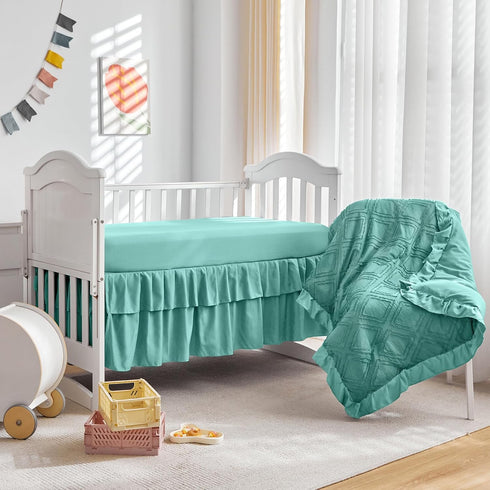 Set 3 Tufted Ruffle Crib Bedding Pieces Baby Girls Boys Boho Quilted Comforter with Fitted Sheet and Bed Skirt - Cute