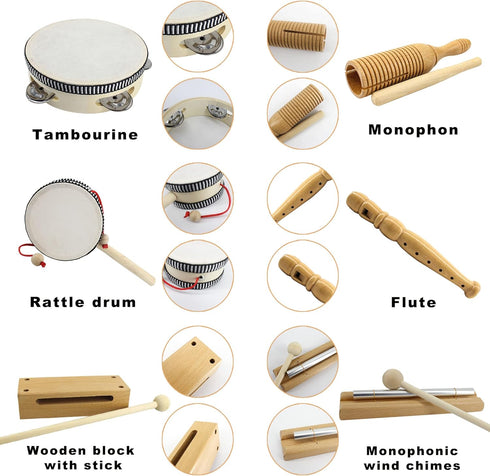 VINJOE Wooden Music Set - Kids Musical Instruments Toys, Natural Wood Percussion Instruments for Preschool