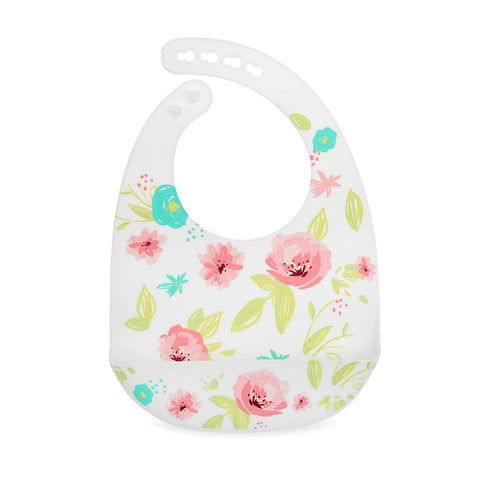 2 Pack Nuby Adjustable Easy Clean Soft Silicone Bibs with Scoop, Pink Dinosaurs & Flowers