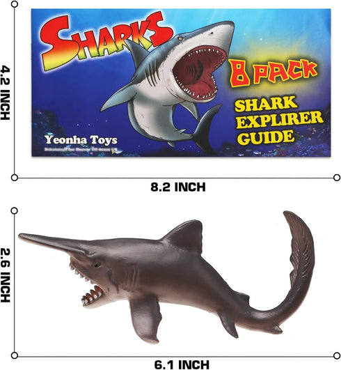 Yeonha Toys 8 Pack Shark Toys - Realistic Soft Plastic Shark Figures with Educational Booklet for Kids - Pool Bath Tub