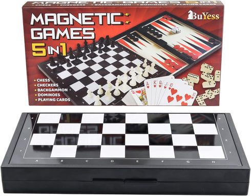 5 in 1 Magnetic Chess Checkers Dominoes Backgammon and Cards Set - Mini Travel Size Multi Board Games