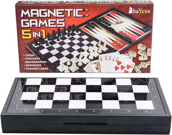 5 in 1 Magnetic Chess Checkers Dominoes Backgammon and Cards Set - Mini Travel Size Multi Board Games