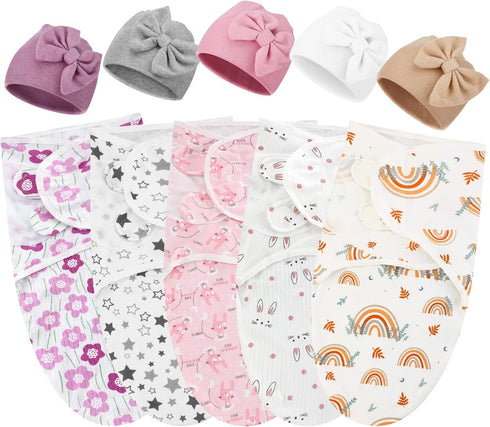 Fanfanwin 5 Pack Preemie Swaddle Blanket Wrap with Hat Set Cotton Preemie Baby
