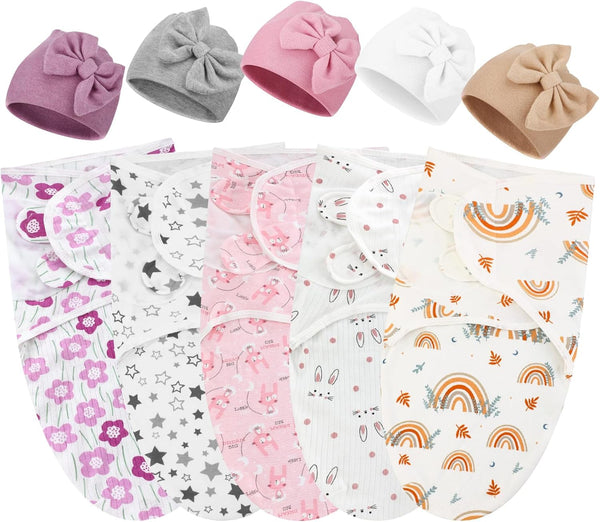 Fanfanwin 5 Pack Preemie Swaddle Blanket Wrap with Hat Set Cotton Preemie Baby