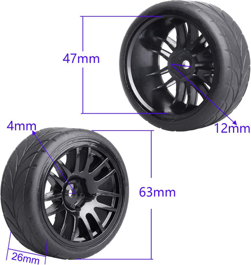 12mm Hex Preglued Wheels Tires Set 1/10 On Road RC Car Compatible with Tamiya TT02 TT01 Traxxas 4tec 2.0 3.0 Touring