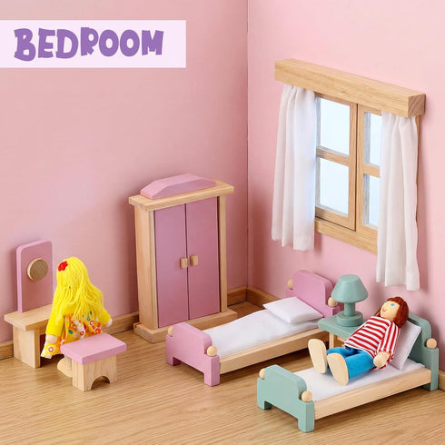 35 Set 8 1:12 Sumind Pcs Wooden Dollhouse Furniture with Family Figures, Scale Miniature Dolls House Accessories