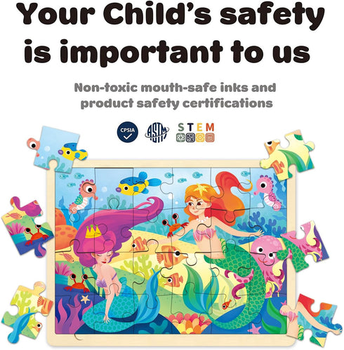 24 Piece Little Mermaid Wooden Puzzle for Kids Ages 3-5, Preschool Toddler Puzzles with Picture Underneath