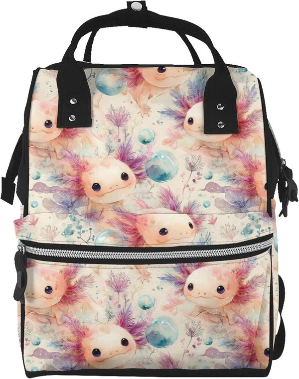 Qewfoju Cute Axolotl 2 Print Diaper Bag Backpack Large Capacity Diaper Backpack Baby