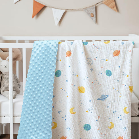 30x40 inches, Outer Space Baby Blankets for Boys, Soft Nursery Minky Blankets with Muslin and Dotted Fleece Back
