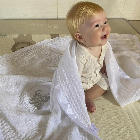 Runeaoys Baptism Blanket Easter Baby Shower Christening Gifts for Boys Girls White Knit Crochet Soft Embroidered