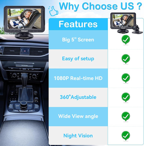Rohent 5-Inch 1080P, Baby Car Camera - HD Night Vision, Easy Install, Rear & Forward-Facing Seat Camera, USB Powered