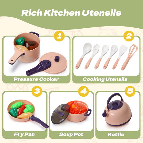 51-Piece Playset CUTE STONE Mini Play Kitchen Accessories for Kids, Pretend Cooking with Pots, Pans, Utensils, Cutting