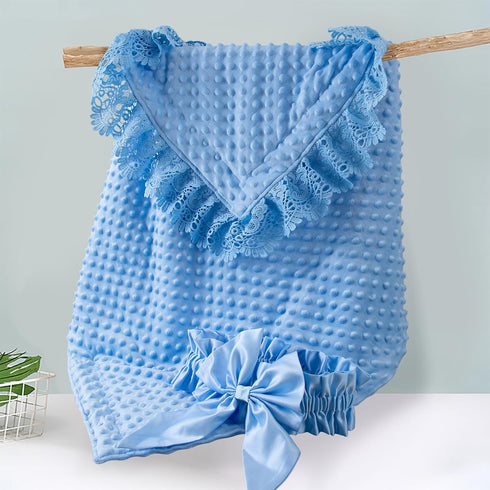 Elegant Blue Knitted Baby Swaddle Blanket with Lace and Bow - Perfect for Newborns