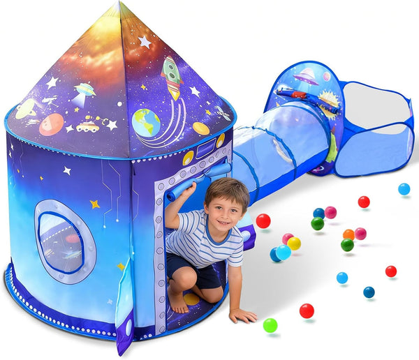 3 in 1 Rocket Ship Play Tent with Tunnel Ball Pit for