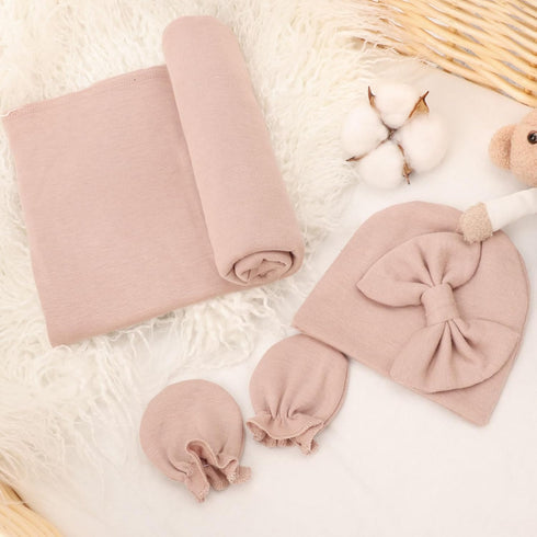 Set DRESHOW BQUBO Newborn Receiving Blanket Bow Hat Gloves Cotton Warm Baby Swaddle Blanket Wrap Baby Sleep Sack Shower