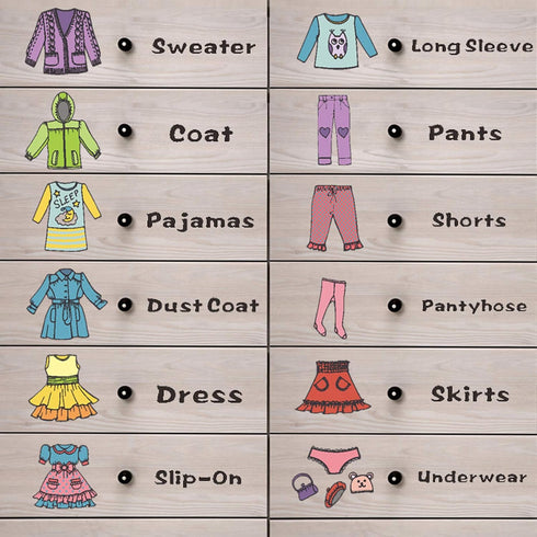 Maydahui 2 Sheets (31 Count) Removable Clothing Decals, 11 Inch Boys Girls Clothing Sort Wall Sticker for Wardrobe