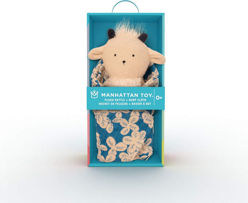 Manhattan Toy Embroidered Plush Goat Baby Rattle + Soft Cotton Burp Cloth, 16 x 16 Inches