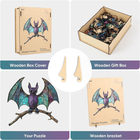 Games,300 13.2 12.5Inch Wooden Puzzles for Adults, Stained Glass Bat Puzzles Animal Wooden Puzzles, Unique Irregular
