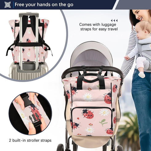 PaChyLuu Backpack Lady Bugs on Pink Diaper Bag Waterproof Travel Baby Bag with Stroller Straps Large Capacity Multi