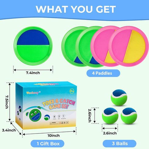 Kids Toys - Outdoor Games, Toss and Catch Ball Set with 6 Paddles and 3 Balls for 3-8 Year Old Boys and Girls