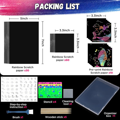 100 4-8 8-12 Scratch Art for Kids, Funtopia Sheets Rainbow Scratch Paper, Black Scratch Off Paper Craft Kits, School