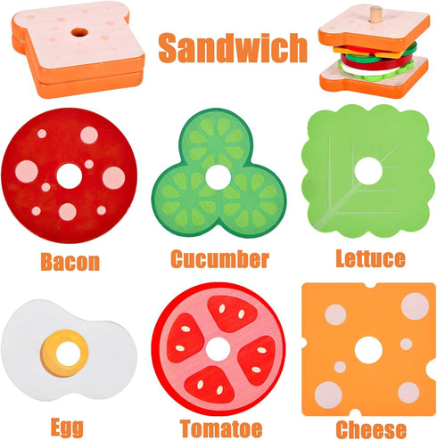 Wooden Burger Sandwich Stacking Toys - Play Food Toy for Toddlers, Montessori Educational Toy for 3 Year Olds