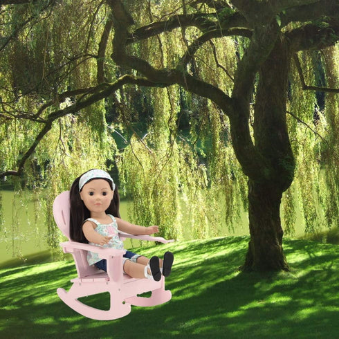 18" Emily Rose Doll Adirondack Rocking Chair - Pink Wooden Heart-Back Design Furniture with Smooth Rocking Motion - USA