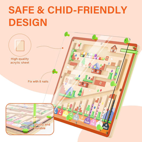 Counting 2-4,Toddler zhiwuzhu Magnetic Color and Number Maze for Montessori Toys,Wooden Matching Learning Board