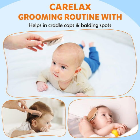 Set, (3 Set) Baby Hair Brush & Comb Organic Wooden Hairbrush Natural Goat Bristles for Newborns & Toddlers, Ideal