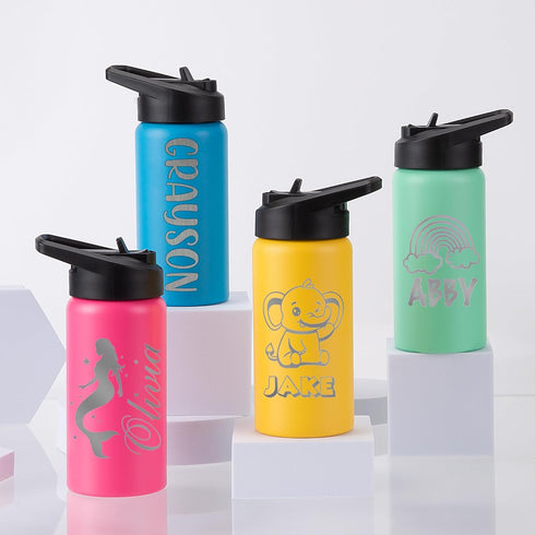 4 Pack 16oz Set Kids Water Bottle with Straw Lid & Handle, Personalized Water Bottles Bulk, Dishwasher Safe, Leak Proof