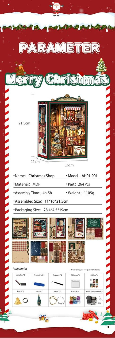 NEXTIPS 3D Book Nook LED Music Christmas Book Nook Kit - Wooden DIY Miniature Store for Shelf Decor