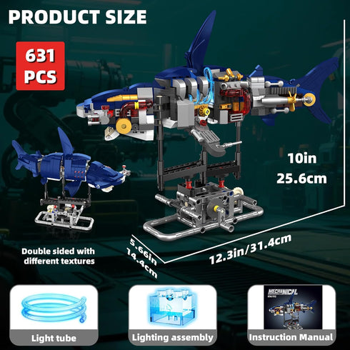 Set Set 8-14, Enthusiasts631PCS Mechanical Shark Building with Lights, Rotatable Link Components & Display Stand, STEM