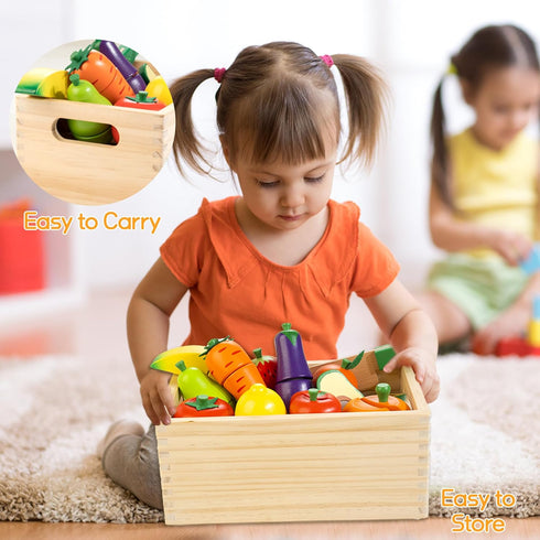 Set 3 4 5 6 7 Wooden Play Food for Toddlers, Fruit and Veggies Cutting for Kids, Pretend Food Play Kitchen Accessories