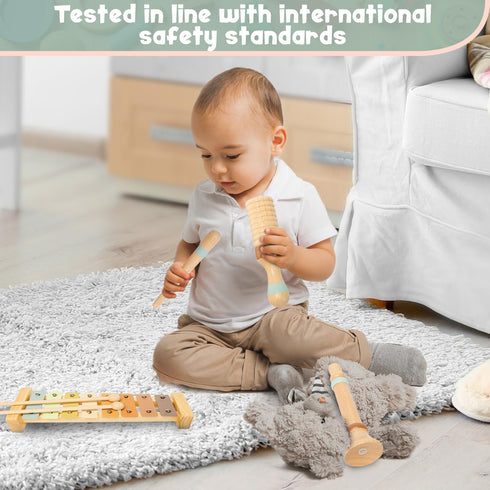 Stoie's Wooden Toddler Musical Instruments with Xylophone, Maracas, Triangle, Tamburine for Babies and Kids, Eco