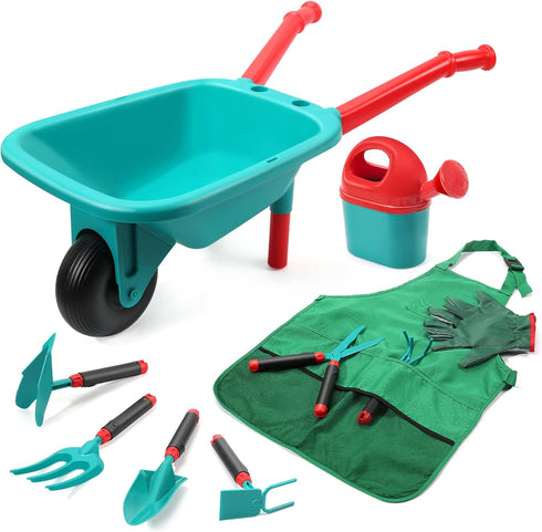 CUTE STONE Kids Gardening Tool Set, Garden Toys with Wheelbarrow, Watering Can, Gloves, Rake, Shovel, Trowel, Apron