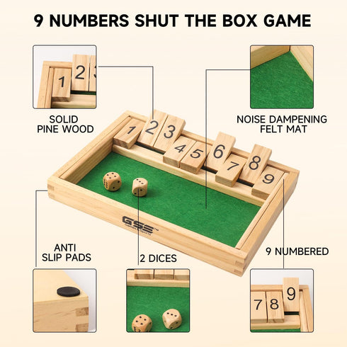 GSE Wooden Shut The Box Dice Game Board, 9 Numbers, 2 Wooden Dices, Classic Tabletop Version
