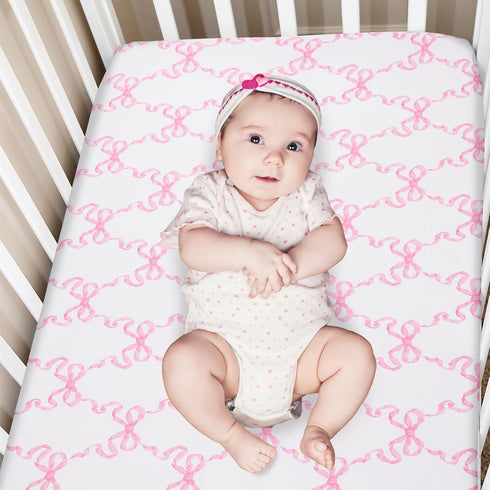 Hahafelt 3 Set Set Pcs Baby Girls Crib Bedding Coquette Pink Bow Baby Bedding for Girls Coquettish Pink Heart Bow