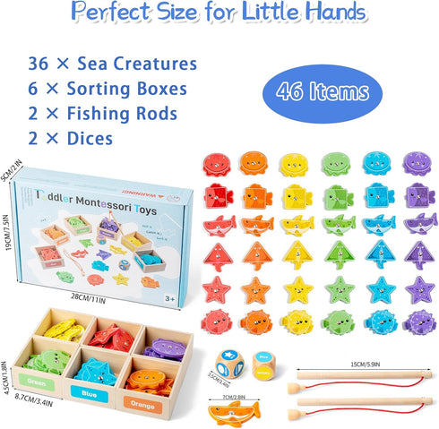 1-3,Wooden 3-5,Preschool Montessori Fishing Game for Toddler Magnetic Fishing Game,Early Educational-Shape & Color