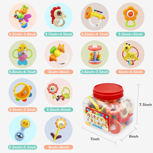 MOONTOY 12pcs Baby Rattles Set, Teething Toys for Babies 0-6 Months, Infant Chew Toys for Newborn Gifts