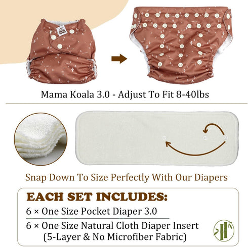 3.0 6 Pack 6 5-Layer Mama Koala Pocket Cloth Diapers for Babies with AWJ Lining, with Natural Cloth Diaper Inserts