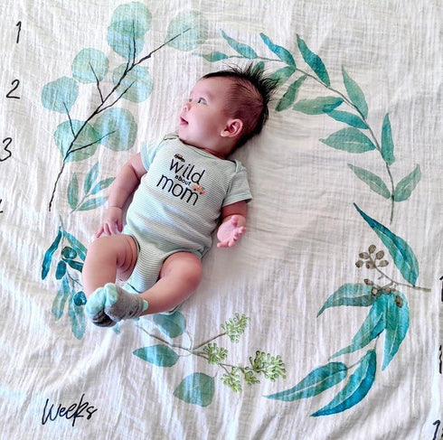Organic Baby Monthly Milestone Blanket Newborn Boy Girl Unisex Gender Neutral| Green Leaf Wreath Eucalyptus Baby