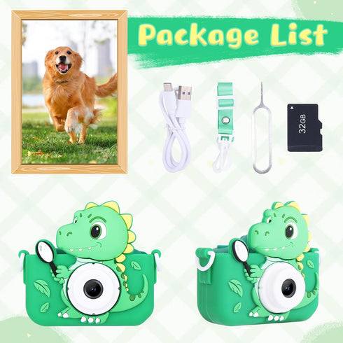 Dinosaur Toys Camera for Kids - Digital Camera for Boys Age 3-8, Cute Selfie Video Camera with 32GB SD Card
