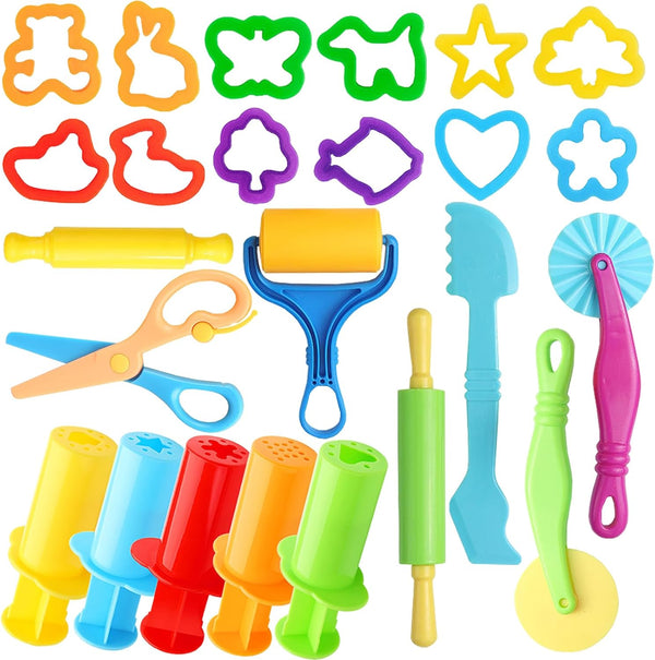 Playdough Tools for Kids, 24 Pieces Set with Rolling Pins, Cutters, Extruders, and Scissors