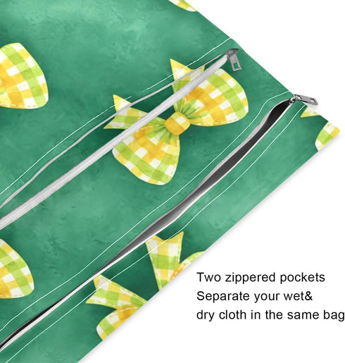Burbuja 2 Pack, 2 Green Yellow Bows Wet Dry Bags for Baby Cloth Diaper Waterproof Reusable Wet Bag with Zippered
